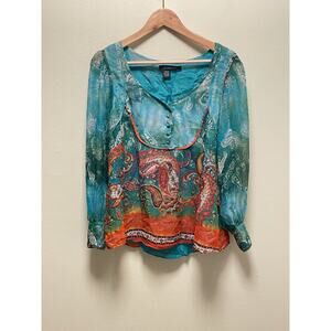 Vintage Womens Top Large Silk Chiffon Colorful Paisley Popover Fairy Boho Y2K